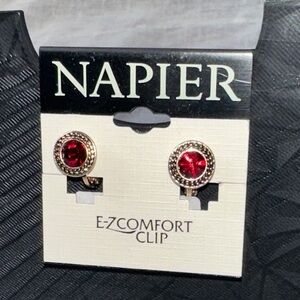 Napier Gold & Garnet Red Comfort Clip Earrings NWT Gifts